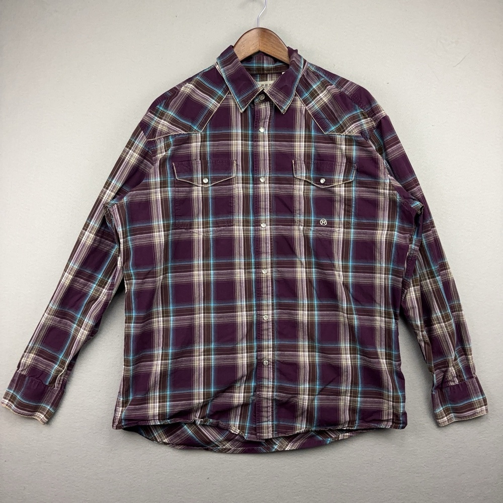 Roper Shirt Mens L Purple Plaid Western Pearl Snap Long Sleeve Button-Up Cotton